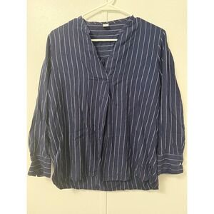 Old Navy Blouse Blue M Pinstripe V-Neck Tunic Career Old Money Preppy Casual